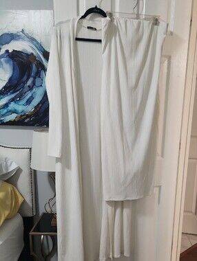 Fashion Nova Off White Long Ribbed Button-Front Jacket With Strapless Maxi Dress